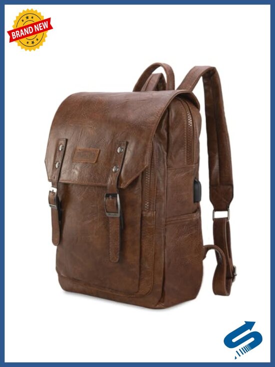 Vegan Leather Laptop Backpack with USB Charging Port, Travel Work College
